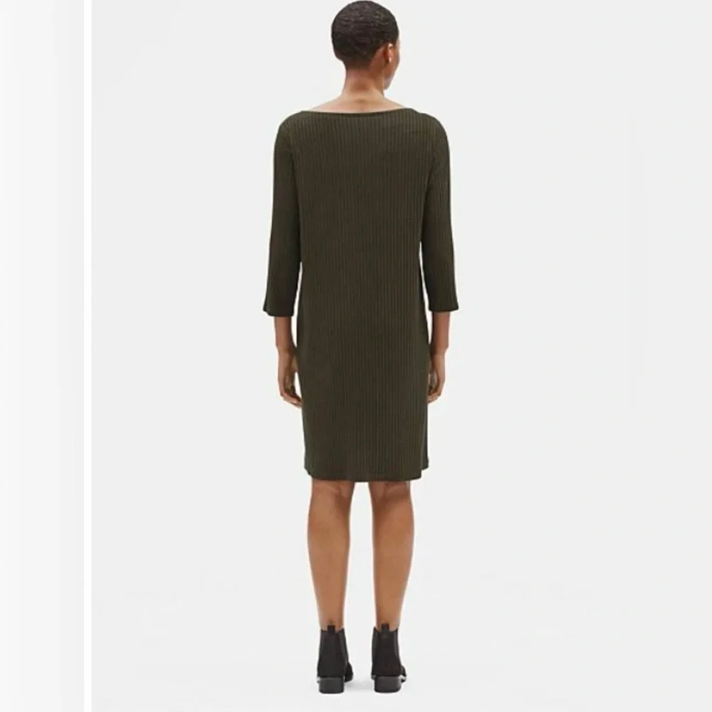 Eileen Fisher Tencel Stretch Rib Ribbed Knee Sleeved Green Olive Dress M New - Picture 2 of 8